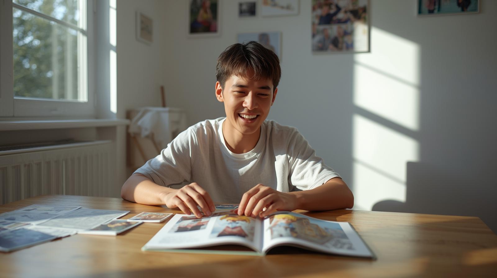 Happy collector admiring vibrant character art in sunlit creative space.